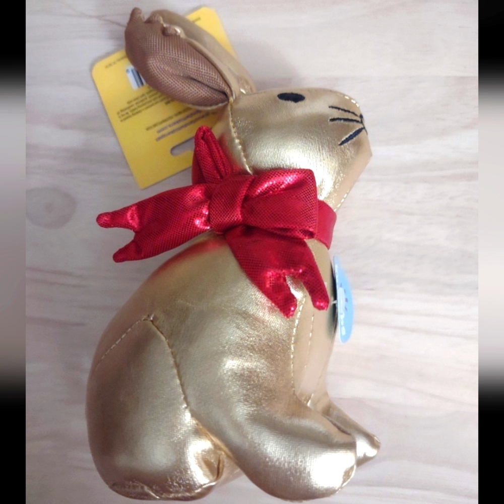 Gold Chocolate Bunny Red Bow Gift Metallic Plush Dog Toy Y2K Bling Kawaii